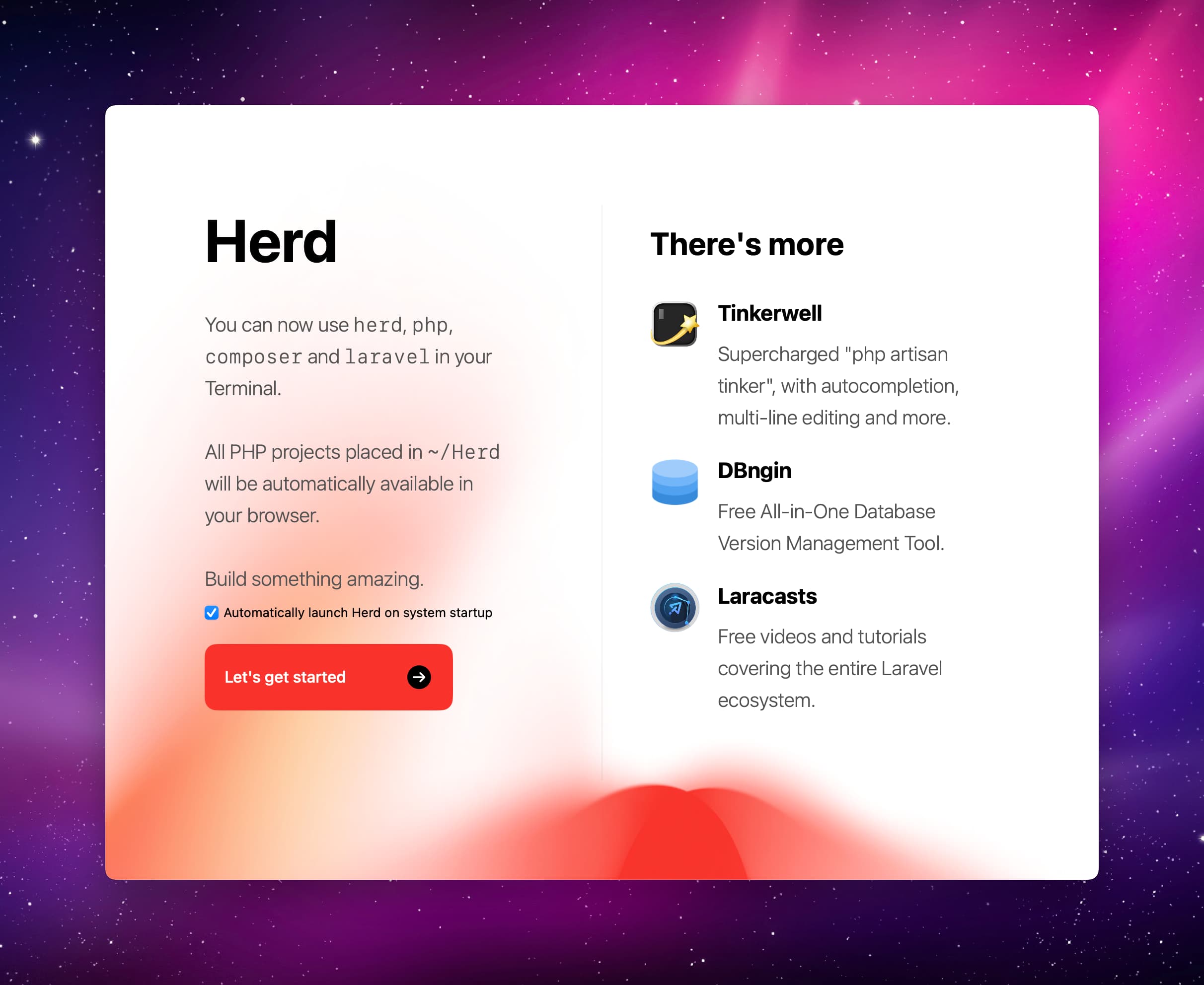 Screenshot showing the welcome screen of Herd after a successful installation