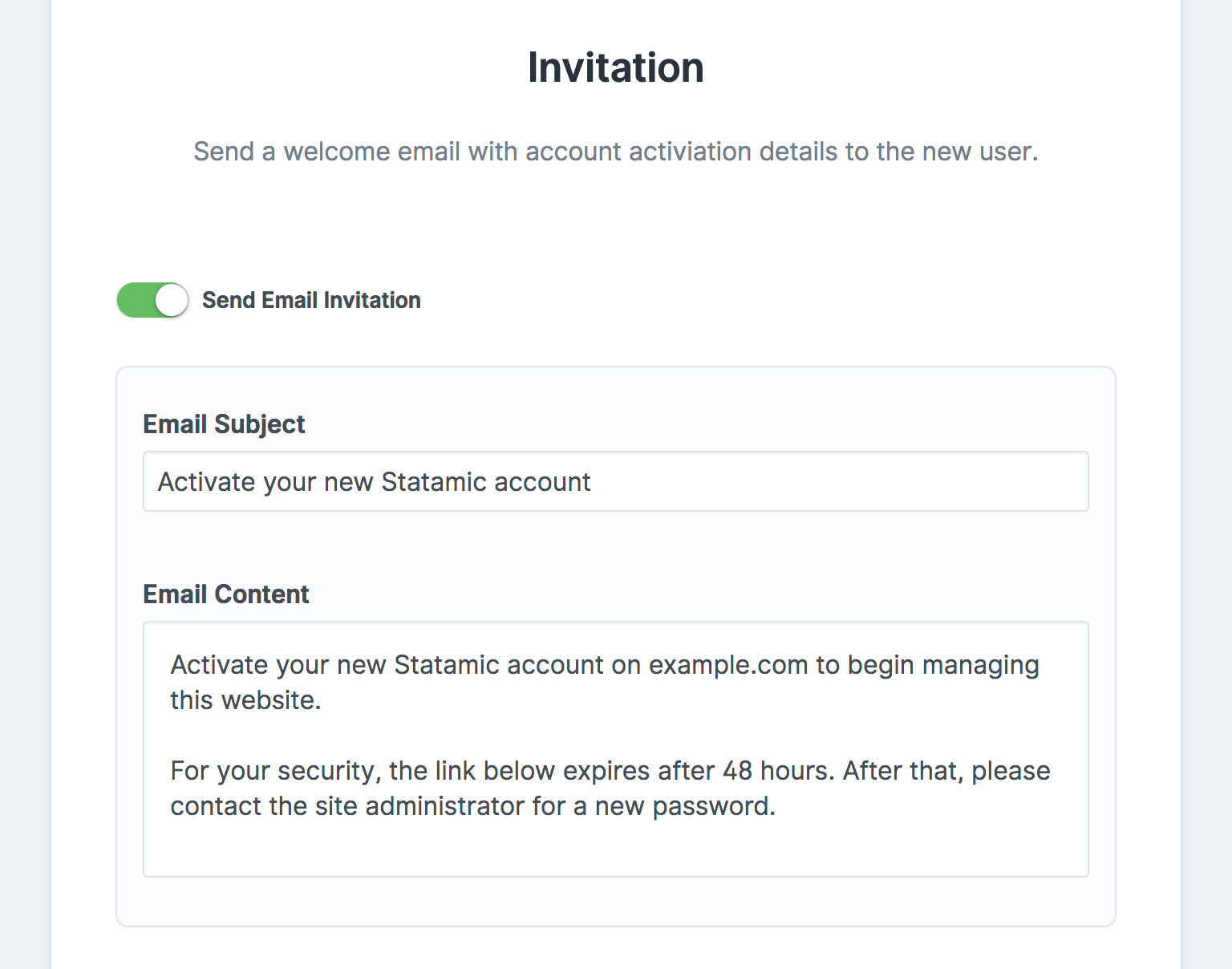 A user invitation screen